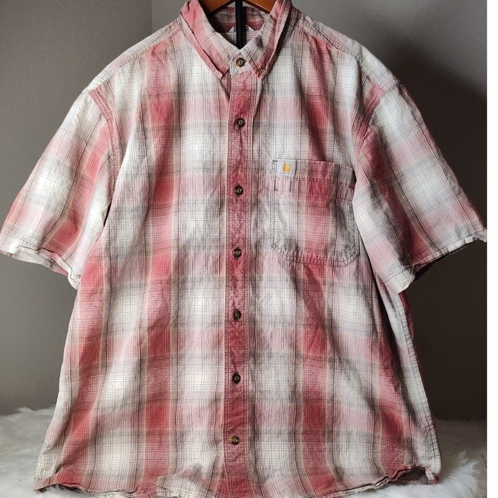 Carhartt Mens Plaid Button Down Short Sleeve Casual Shirt Workwear